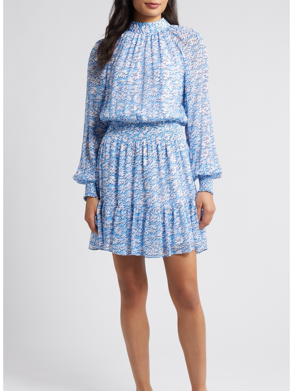 Blue and White Floral Long-Sleeve Smocked Waist Dress - Picture 1 of 6
